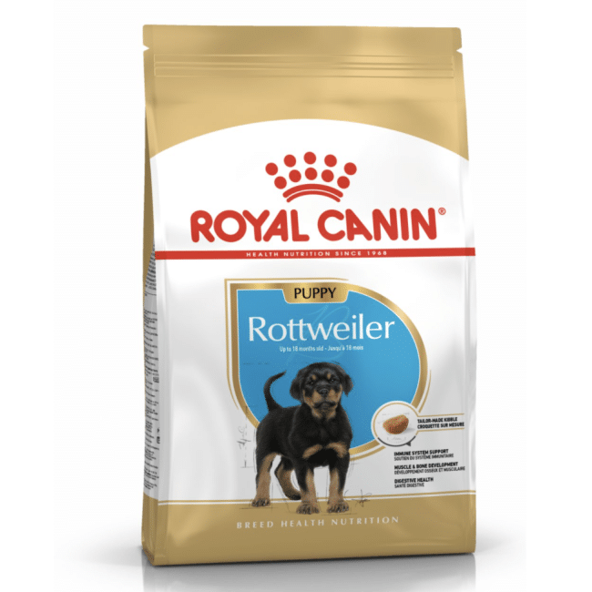 A 12kg bag of Royal Canin Rottweiler puppy dog food.